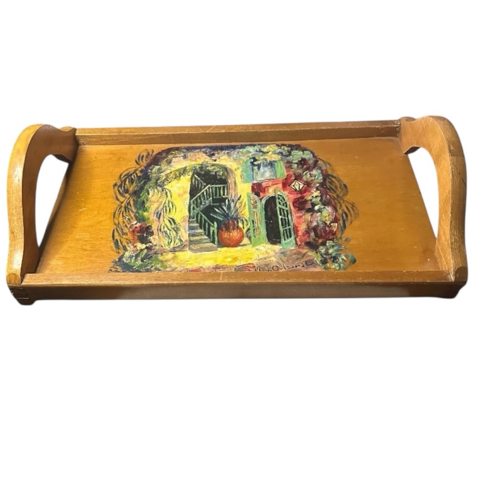 VTG Hand-Painted Wooden Serving Tray New Orleans Courtyard Art Vintage Folk Art